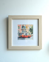 Watercolor painting of a bright red Mazda Miata parked in a crosswalk in New York City