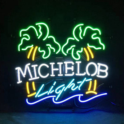 Michelob Light Coconut Palm Tree Neon Light Sign glowing in indoor setting