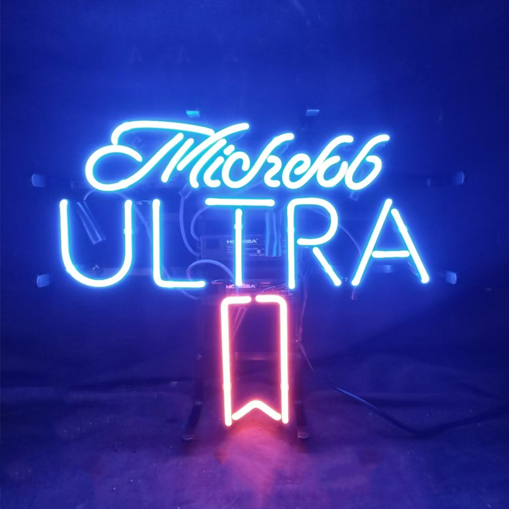 Michelob Ultra Logo Neon Sign displaying bright white neon lighting on metal grid backing