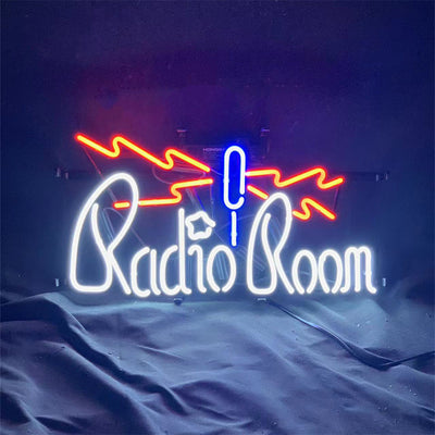 Microphone Radio Room Neon Light Sign glowing in a darkened room