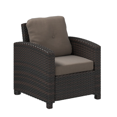 Miles Mocha Finish Outdoor Wicker Club Chair with light khaki cushions on a patio