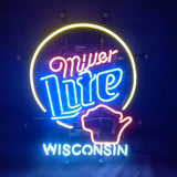 Miller Lite & Wisconsin State Neon Sign glowing in a metal grid backing, displayed indoors