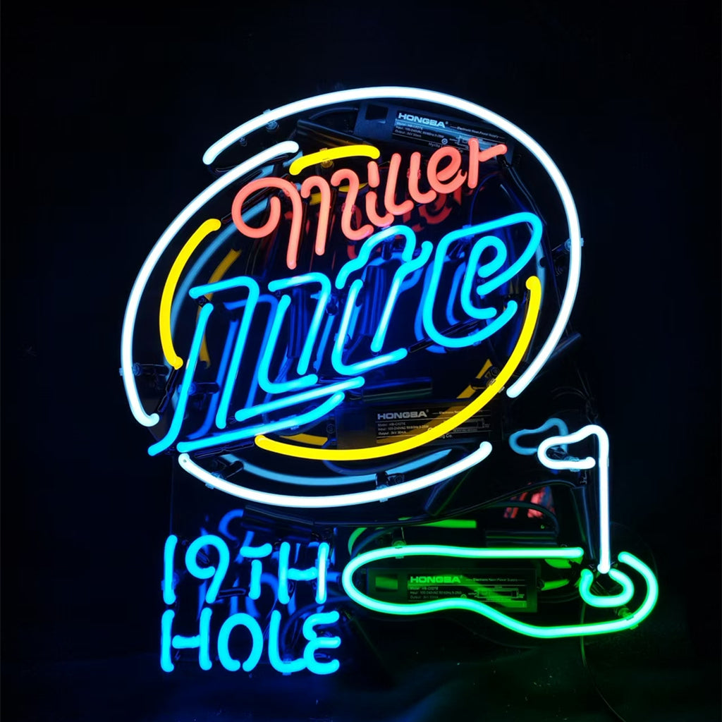 Neon sign displaying the words 'Miller Lite' in red and blue with a yellow oval outline, accompanied by the text '19th Hole' and a green golf flag image below on black background.