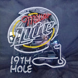 Miller Lite neon sign featuring red 'Miller' text, large white 'Lite' lettering, a yellow curved line, and '19th Hole' below with a golf flag icon on black background.