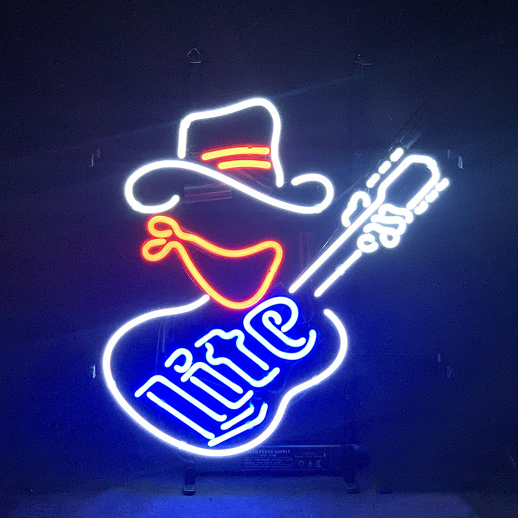Miller Lite Cowboy Guitar Neon Signs Light in illuminated red and white neon on a metal grid backing, hung on a wall.
