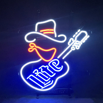 Miller Lite Cowboy Guitar Neon Signs Light in illuminated red and white neon on a metal grid backing, hung on a wall.