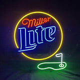 Neon sign with a yellow circle enclosing orange 'Miller' text above large blue 'Lite' letters and a green stylized golf hole with a white flag to the right.