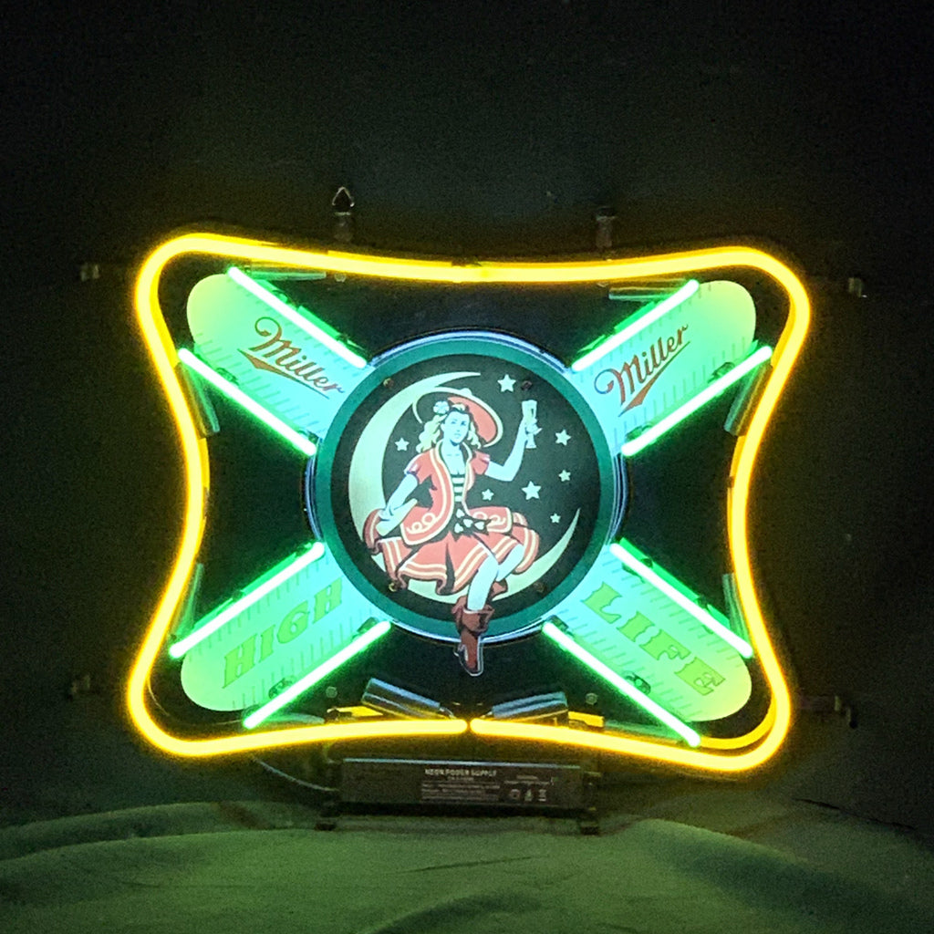 Miller Lite High Life Girl Lager Neon Sign Light illuminated against a dark background