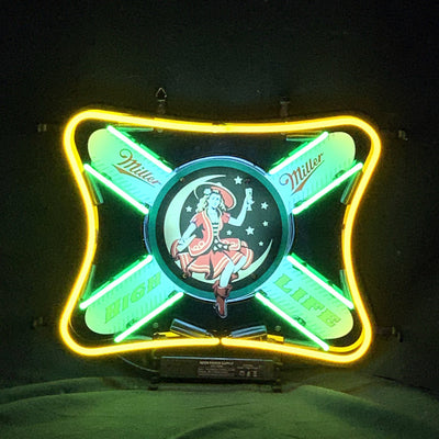 Miller Lite High Life Girl Lager Neon Sign Light illuminated against a dark background