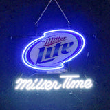 Miller Lite Miller Time Neon Light Sign on acrylic backing showing illuminated neon lettering