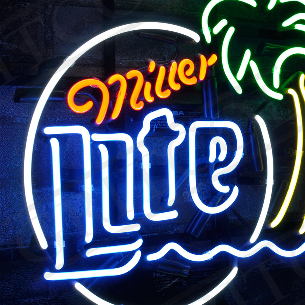 Neon sign with red cursive 'Miller', large white 'Lite', a green outlined palm tree with a yellow trunk, and a white curved line resembling a sun or moon.