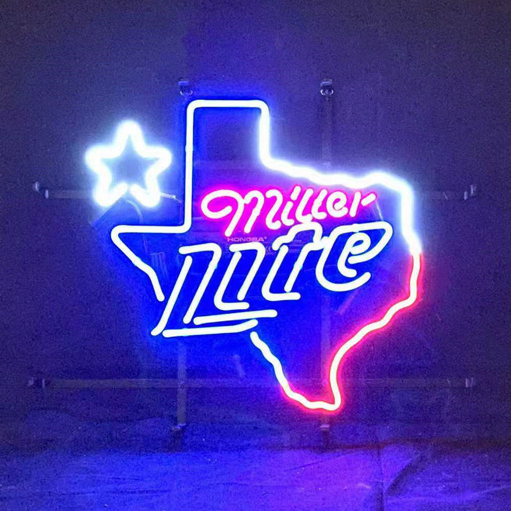 Miller Lite with Texas Map Star Neon Signs Light showing illuminated neon tubes on metal grid backing
