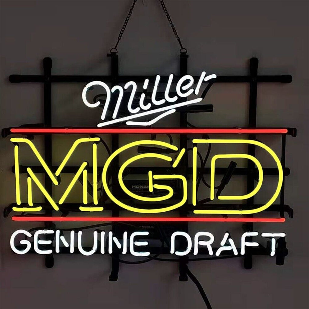 Miller MGD Genuine Draft Neon Sign Light illuminated against a dark background