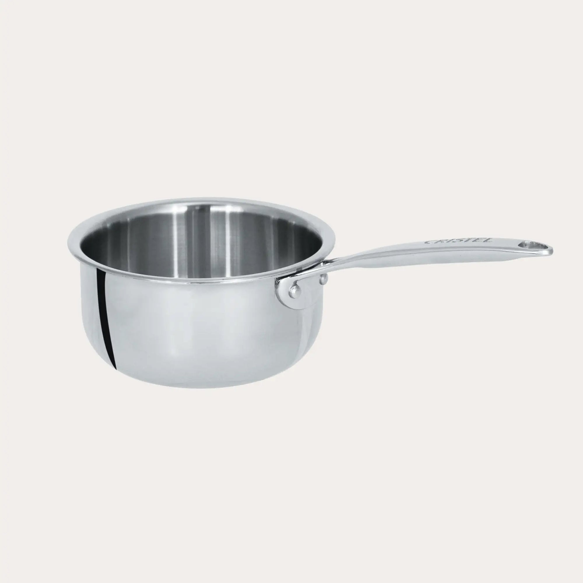 Mini Saucepan by CRISTEL USA showing stainless steel finish and ergonomic handle