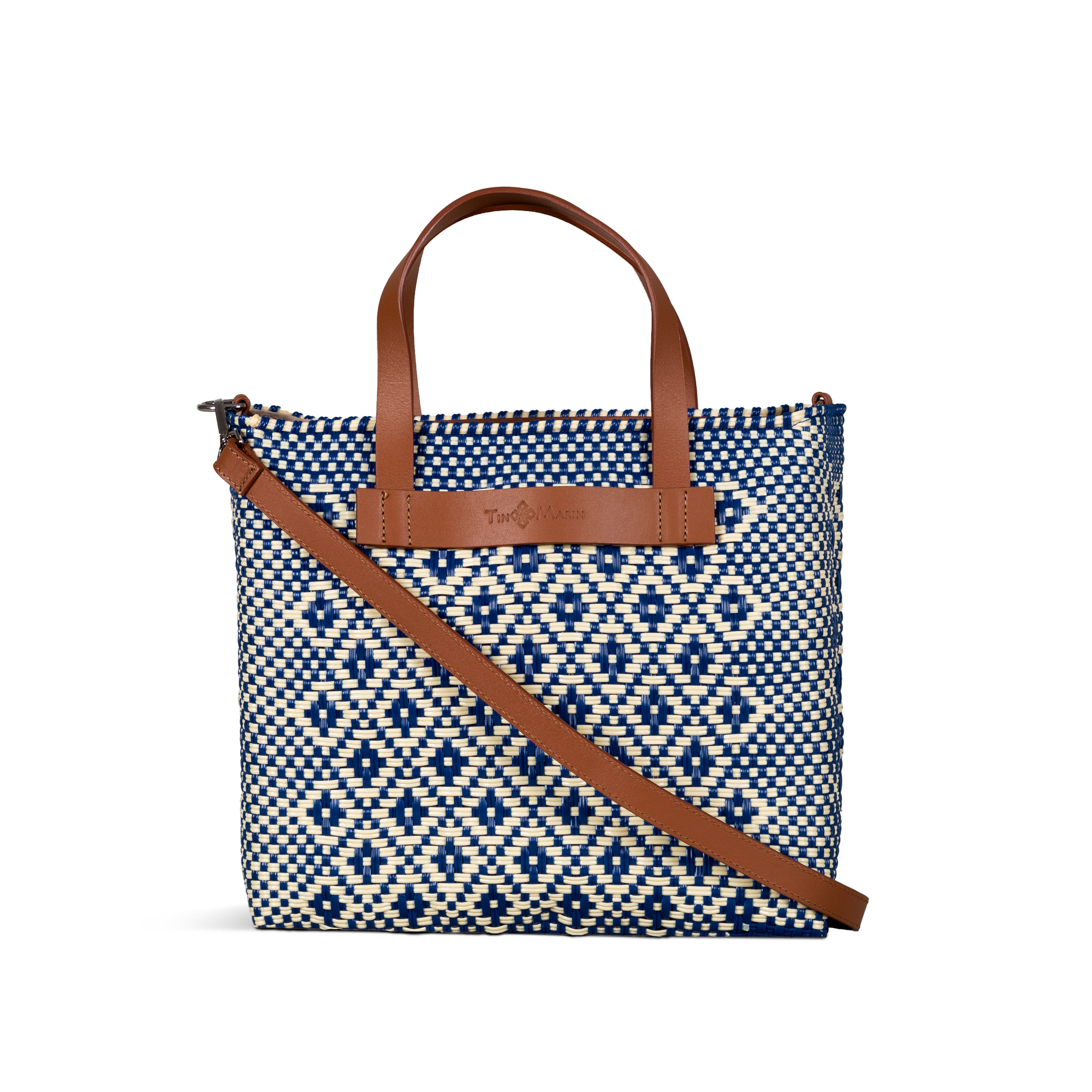 Mixte Large Woven Crossbody Bag in tan leather and handwoven recycled plastic, shown from multiple angles.
