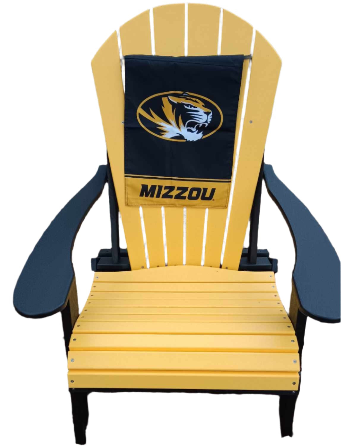 Mizzou team color Adirondack Folding Chair in black and gold on a patio
