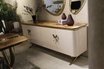 Modern resin and walnut credenza with aluminum legs in a stylish living room setting