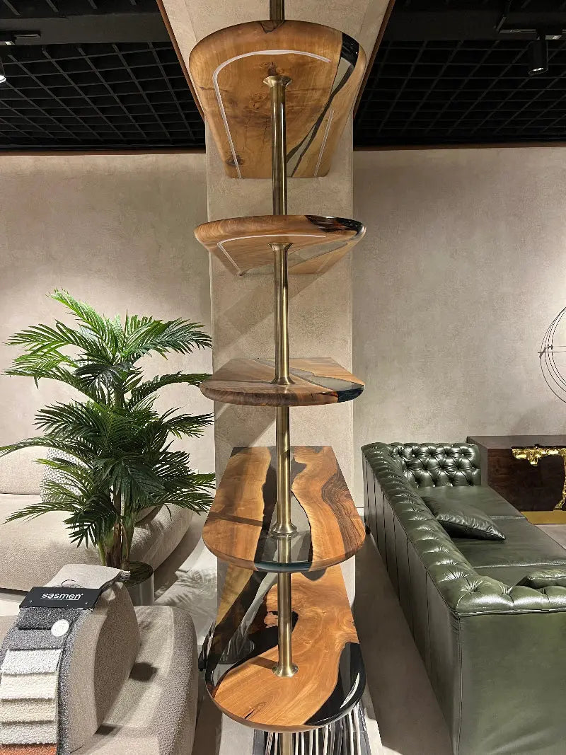 Modern epoxy resin shelves made of walnut wood with optional LED lighting, used as a room divider and TV stand