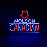 Neon sign with the text 'Molson Canadian' where 'Molson' is in blue, 'Canadian' alternates red and blue letters, topped with a red maple leaf outline.