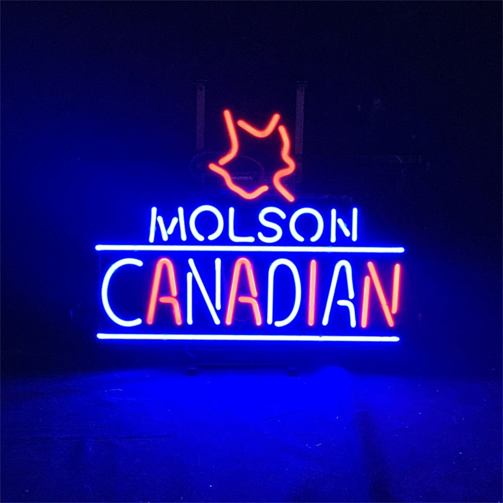 Molson Canadian Lager Neon Sign with red and white neon lights on a metal grid backing hanging on a wall