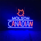 Molson Canadian Lager Neon Sign with red and white neon lights on a metal grid backing hanging on a wall