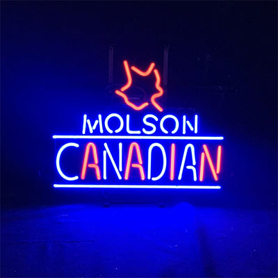 Molson Canadian Lager Neon Sign with red and white neon lights on a metal grid backing hanging on a wall