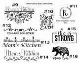 Black and white Mother's Day graphic options including floral Nana's Kitchen, Best Mom Ever with hearts, scripted Mom You Are So Loved, Mom's Kitchen with flowers, strong She is Strong with scripture, and floral Mama Bear designs.