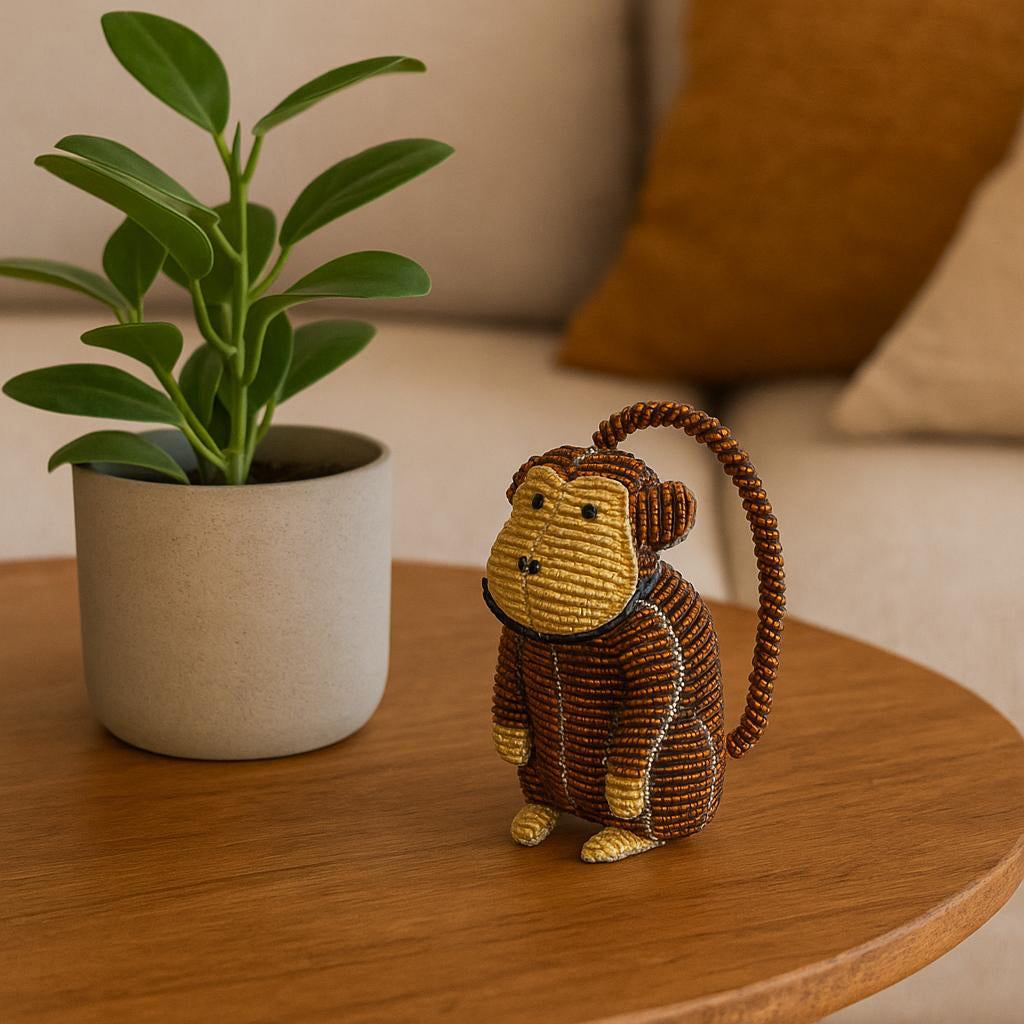 Handmade Beaded Baby Monkey â€“ Haitian Artisan Animal Figurine.