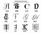 Twelve distinct black monogram letter designs labeled with double-letter combinations on a white background, featuring decorative and varied typographic styles.
