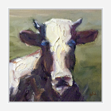 Close-up oil painting of a cow's head with black and white markings against a muted green background, showing thick textured brushstrokes.