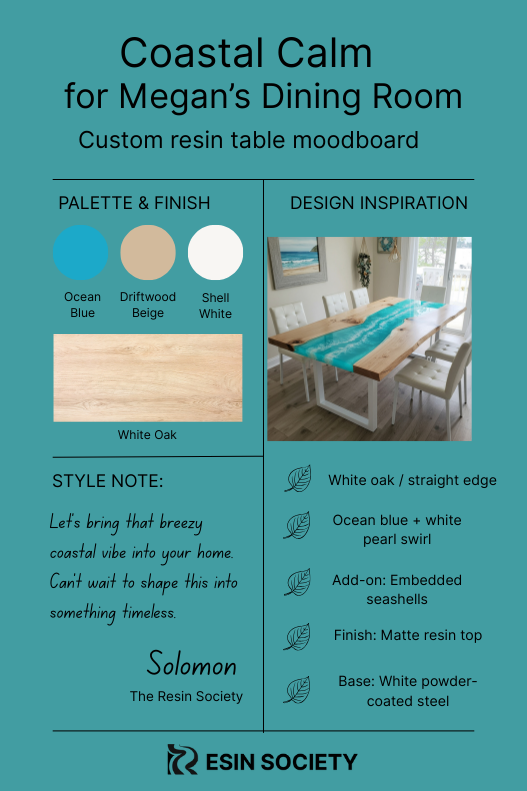 A minimalist moodboard for a custom epoxy resin table, laid out in a clean vertical format. Top section includes a stylish title that says “Custom Resin Table Moodboard” and a name like “For Jessica” in elegant serif font. The layout is divided into neat sections: on the left, resin color swatches including turquoise, smoky gray, deep ocean blue, and pearl white. In the center, an inspiration photo of a modern live edge river table with ocean-style resin and natural walnut wood. On the right, labeled design