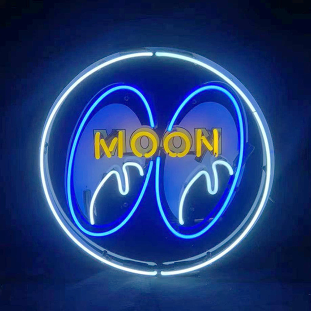 Round neon sign with white outer circle, blue stylized eyes, and yellow letters spelling 'MOON' at the center against a dark background.