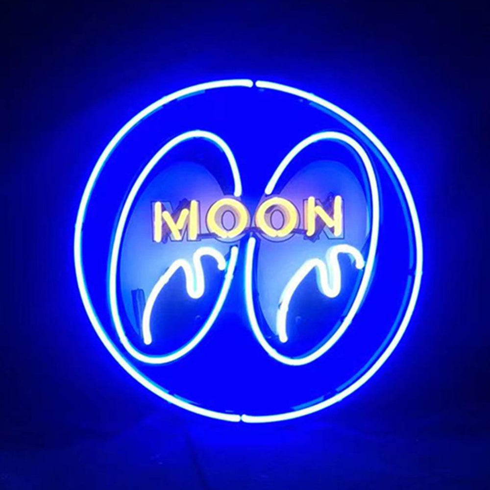 Moon Eyes Neon Signs Blue illuminated on wall with metal chain hanging