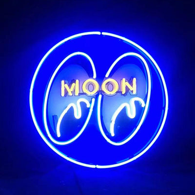 Moon Eyes Neon Signs Blue illuminated on wall with metal chain hanging
