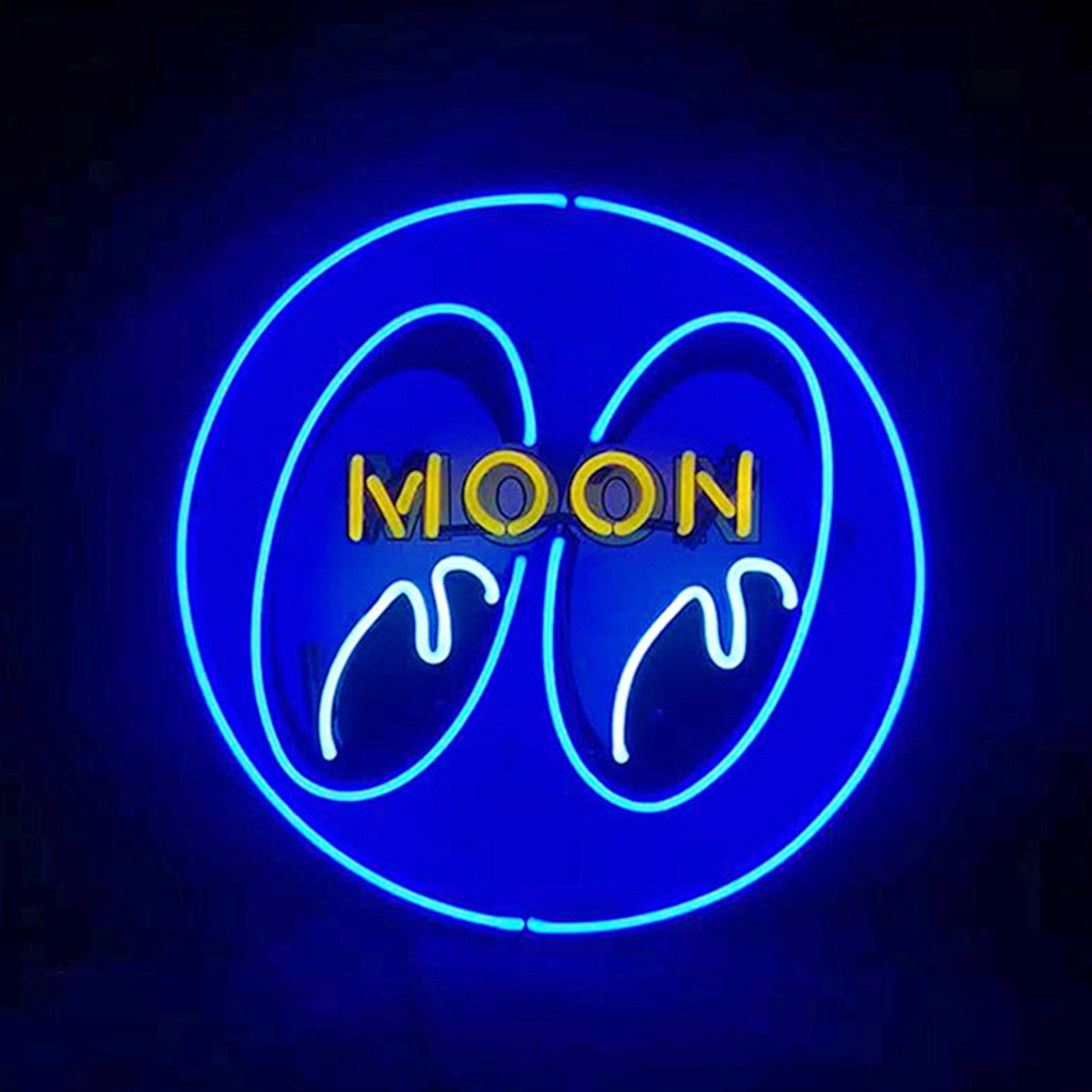 Circular blue neon sign with stylized eyes and dripping design, featuring the word MOON in yellow uppercase letters inside the eyes.