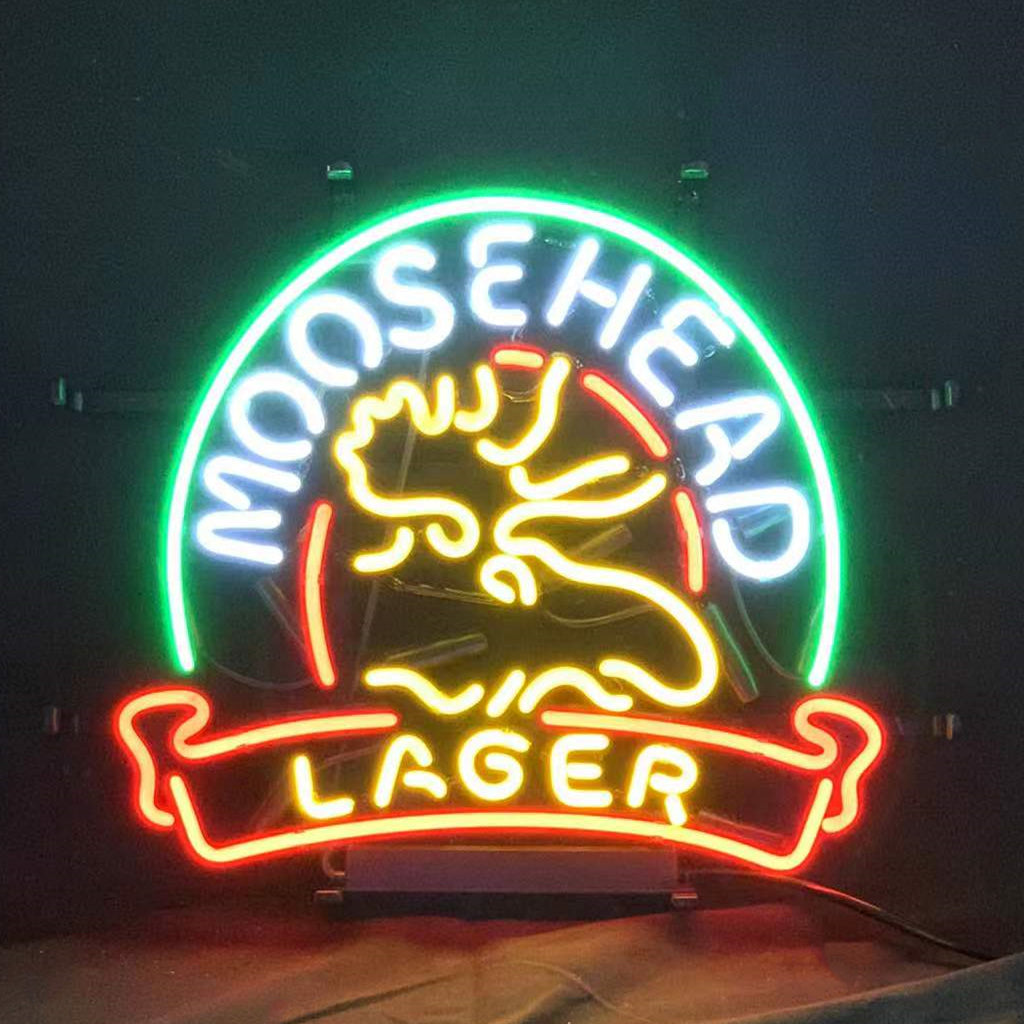 Moosehead Lager with Stag Deer Neon Signs Light glowing indoors on metal grid backing
