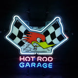 Neon sign with cartoon woodpecker head between two black-and-white checkered flags and glowing 'HOT ROD GARAGE' text in red and blue below it.