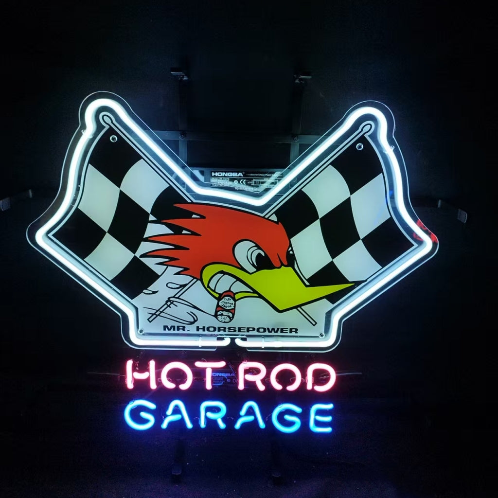 Neon sign with cartoon woodpecker head between two black-and-white checkered flags and glowing 'HOT ROD GARAGE' text in red and blue below it.