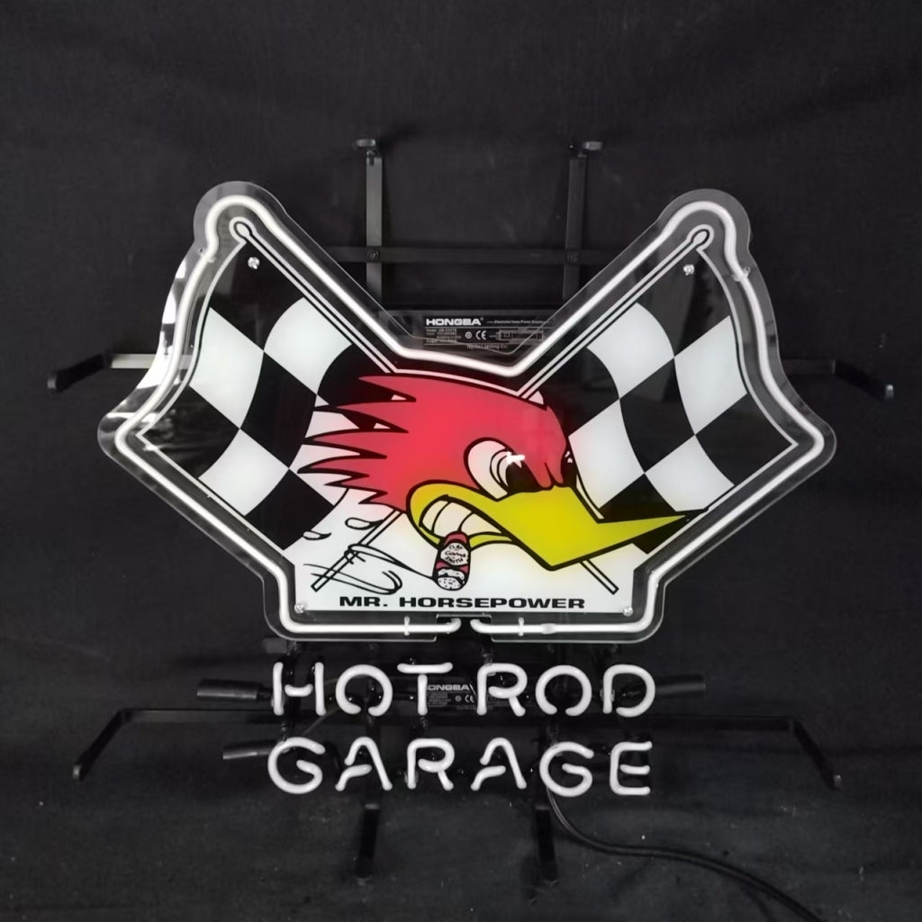 Neon sign with cartoon woodpecker between two black-and-white checkered flags above white neon text reading 'HOT ROD GARAGE' on a black background.