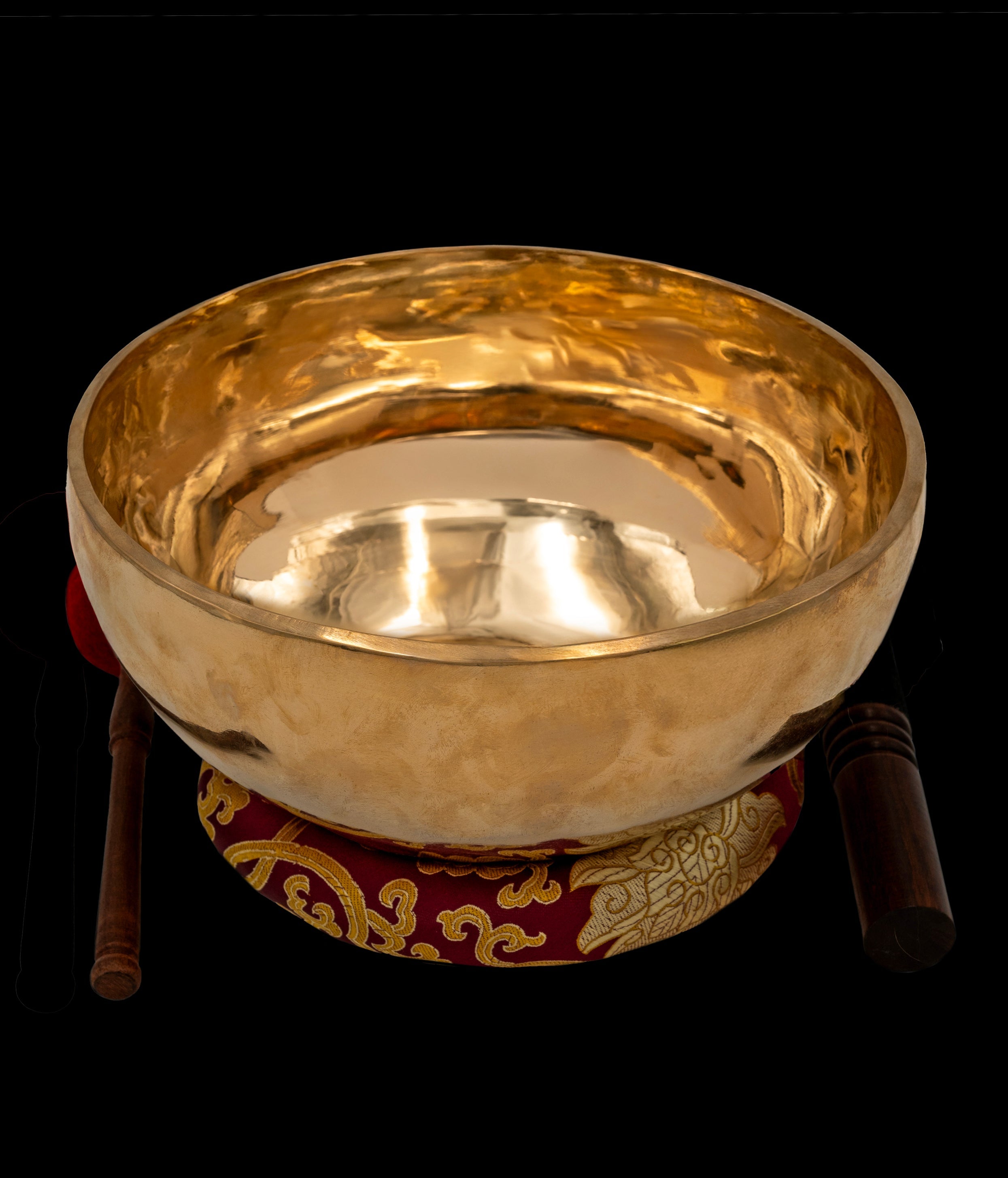 Polished bronze Tibetan singing bowl with mallets and silk-brocade ring