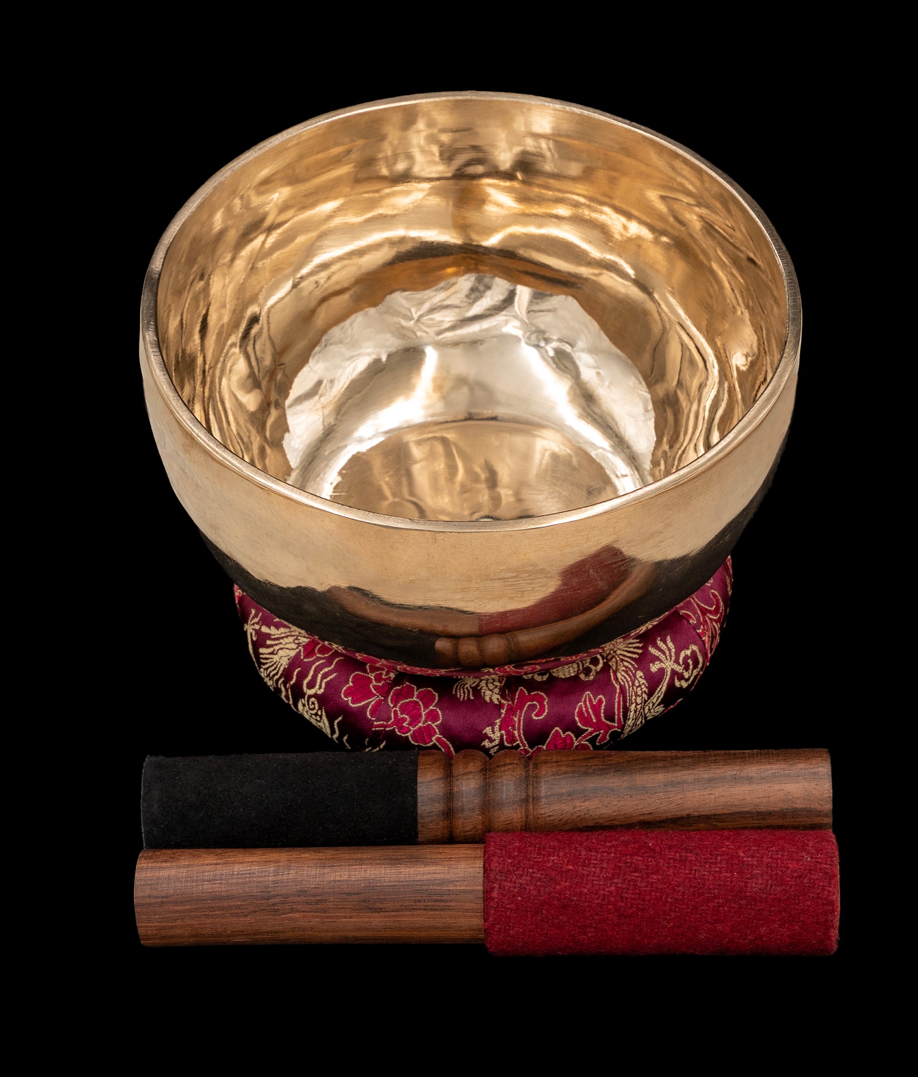 New Thadobati Singing Bowl A# 232Hz 6.75" polished bronze bowl with professional mallets on a wooden surface