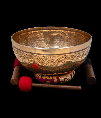 New Etched Jambati Cosmos Singing Bowl G2 98Hz (NCP) 11" N16209 by Bodhisattva Trading Company - main product image for Resin Society