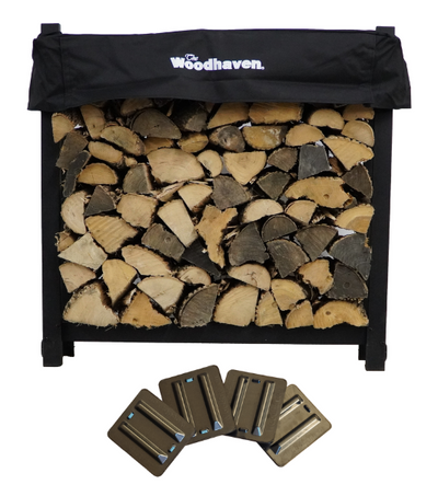 Woodhaven 3 ft Firewood Rack with seasoning cover in black finish holding stacked firewood