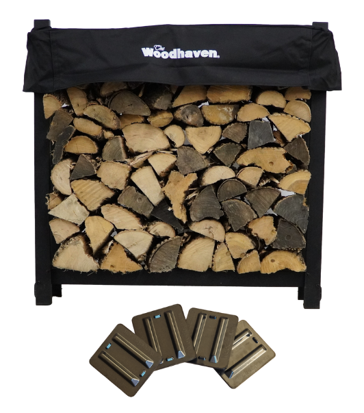 Woodhaven 3 ft Firewood Rack with seasoning cover in black finish holding stacked firewood
