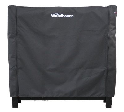 Woodhaven Full Firewood Rack Cover with zipper closure protecting stacked firewood outdoors