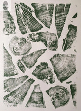 Collage of black wood grain and tree ring prints on white background forming varied natural patterns in different shapes and sizes.