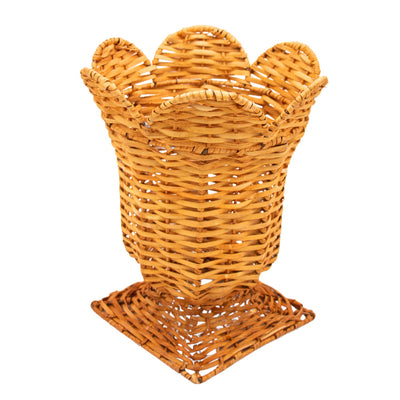 Natural rattan urn vase with handcrafted weaving, shown in neutral tones