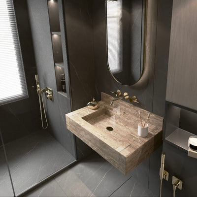 Bathroom Travertine Stone Sink, Wall Mount Washbasin by MEG Custom Marble By Ziynet A. LLC - main product image for Resin Society