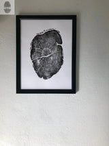Black and white print of an Osage Orange tree cross-section with detailed growth rings, framed in black and hung on a textured white wall.