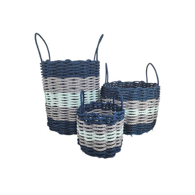 Five Stripe Rope Storage Basket in navy blue, light gray, and seafoam colors, shown in three sizes